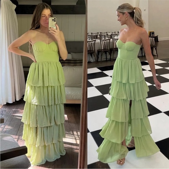 Lovers + Friends NWT Small Hattie Gown Green Strapless Tiered Dress - Picture 4 of 9